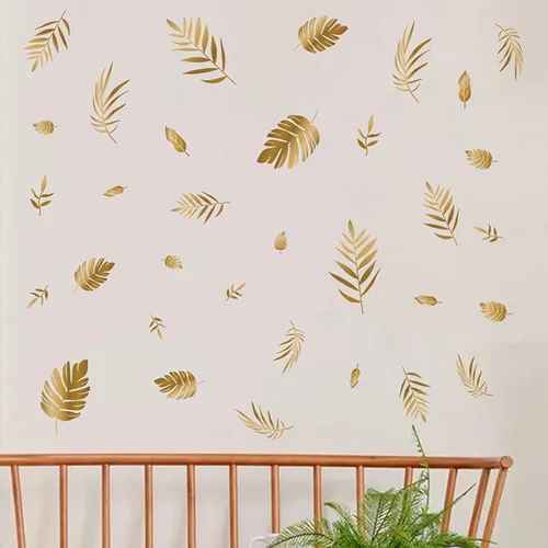 Vista 2 de Calcomanías de pared de hojas doradas, calcomanías de pared de hojas botánicas para despegar y pegar para sala de estar y dormitorio