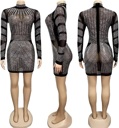 Vista 5 de PORRCEY - Vestido de noche sexy con manga larga y diamantes de imitación para mujer, fiestas y discotecas