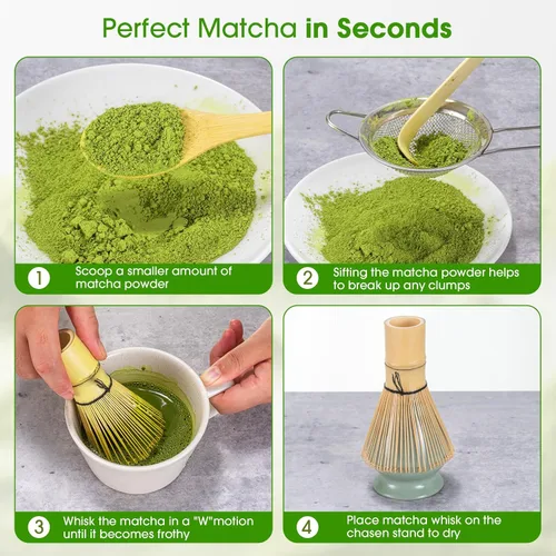Vista 4 de Juego de 5 batidores de matcha, kit de batidores de matcha de bambú con soporte verde, accesorios de ceremonia de matcha japonesa, cuchara, batidor