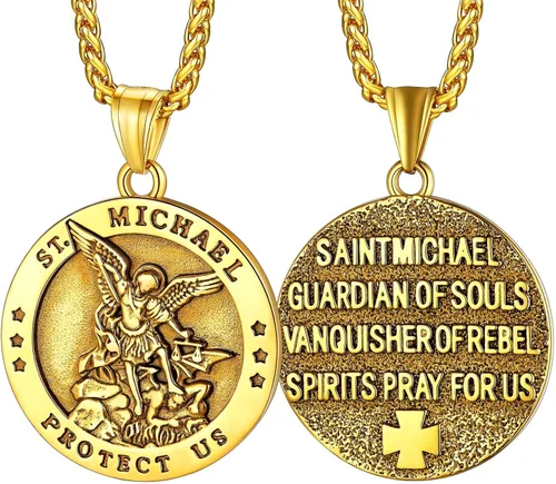 Vista 23 de FaithHeart Collar de San Miguel, acero inoxidable, chapado en oro de 18 quilates, amuleto colgante de San Miguel Arcángel para hombres y mujeres