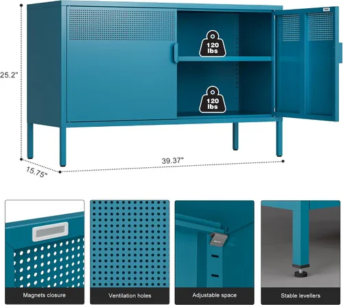 Vista 57 de Gabinete de almacenamiento de metal ancho negro, gabinete de acento de 2 puertas para el hogar y la oficina, gabinete de metal bajo de 2 niveles