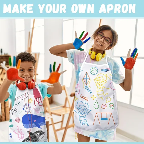 Vista 7 de Pllieay 52 delantales para niños, delantales blancos para niños con bolígrafo de colores y plantillas de diario para pintura, cocina, cocina