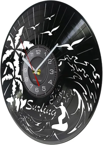 Vista 2 de Reloj de pared decorativo de 12 pulgadas, reloj de pared para surf, playa, surf, gran onda, decoración de pared, disco de vinilo, reloj de pared