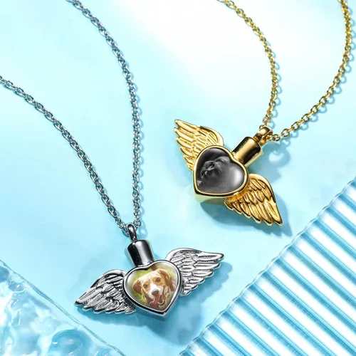 Vista 4 de MeMeDIY Collar de urna para cenizas, joyería de cremación de alas de ángel, colgante de urna con foto personalizada de acero inoxidable, recuerdo