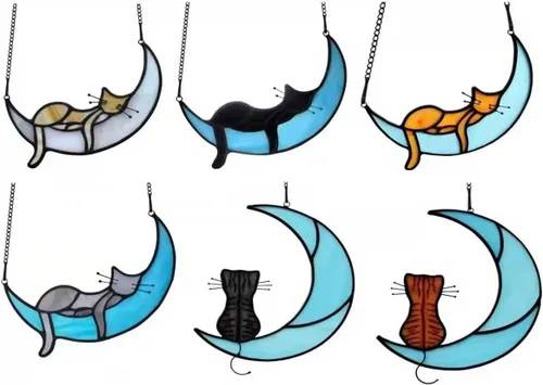 Vista 2 de Adorno acrílico para colgar en la ventana, paneles de cristal para atrapar el sol, gato en la luna, gatito, adorno colgante de bricolaje