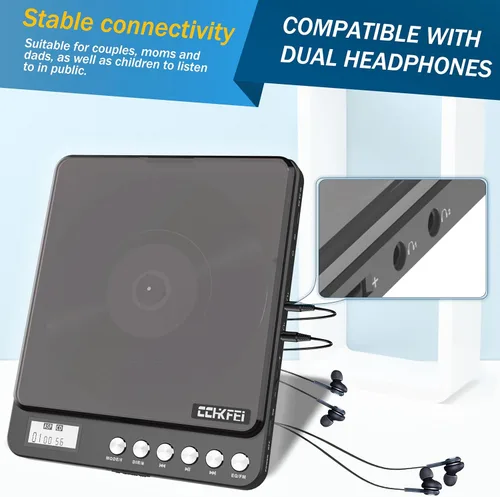 Vista 5 de Reproductor de CD portátil con Bluetooth y transmisor FM, reproductores de CD Bluetooth recargables de 2000 mAh con altavoces, conector