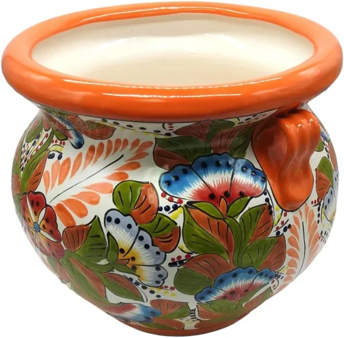 Vista 5 de Michoacana - Maceta mediana pintada a mano, para interiores y exteriores, multicolor Naranja
