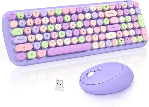 Vista 9 de Combo de teclado y mouse inalámbricos, teclado retro de tamaño completo de 2.4 GHz con teclado numérico y mouse inalámbrico