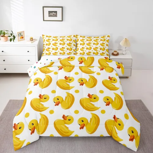 Vista 52 de Erosebridal Juego de ropa de cama a cuadros azul para niños, juego de cama individual con diseño de patos amarillos de dibujos animados, juego