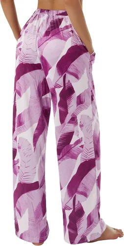 Vista 6 de CHAUKAREAUL Women Wide-Leg Trousers, Leaves Print Drawstring Elastic Waist Yoga Pants, SMLXLXXLXXXL