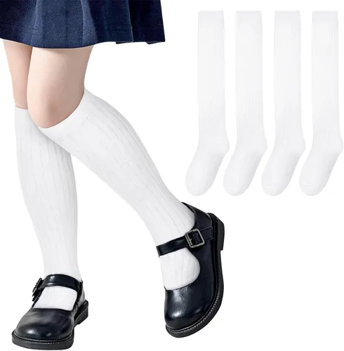 Vista 8 de Chalier 4 Pairs Girls Knee High Socks, Over Craft Cotton Socks Todo blanco