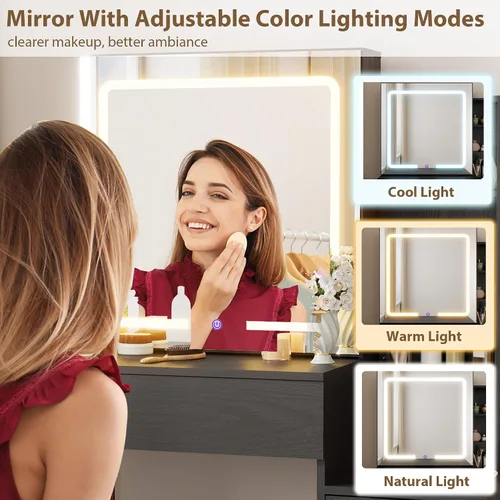 Vista 5 de GarveeHome Makeup Vanity Desk with Sliding Mirror, Vanity Dressing Table with 3 Color Adjustable Lights, Girls Vanity Set with Stool, 4 Compact