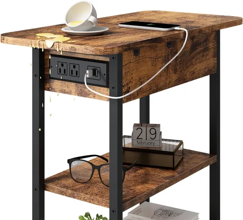 Vista 5 de LIDYUK Mesa auxiliar con estación de carga, mesa auxiliar abatible con puertos USB y tomas, mesita de noche para espacios pequeños, mesitas de noche