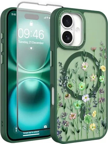 Vista 39 de Magnético para iPhone 13 con protector de pantalla [Compatible con MagSafe] Diseño de patrón floral de flores bonitas, funda delgada a prueba