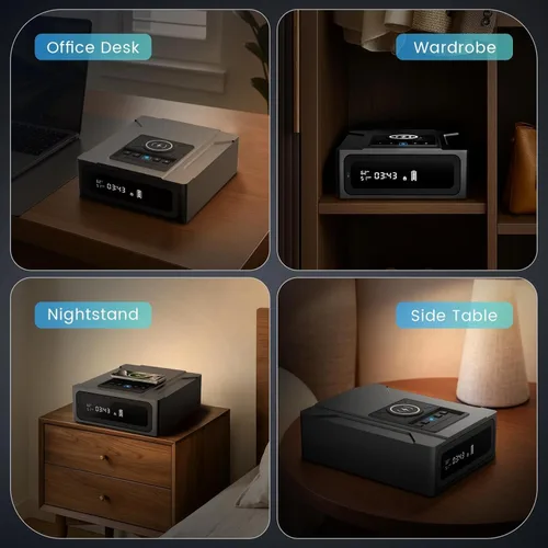 Vista 7 de XDeer Caja fuerte biométrica inteligente para pistola, mesita de noche caja fuerte inteligente con carga inalámbrica para teléfono y reloj, 4