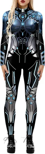 Vista 21 de Enterizo de mujer con estampado de esqueleto de robot mecánico 3D para Halloween, disfraz de cosplay
