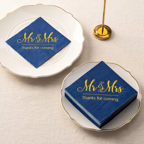 Vista 5 de Crisky Servilletas de boda Mr Mrs Bule - Servilletas doradas de postre para boda, ducha, compromiso, fiestas, 100 unidades, 3 capas