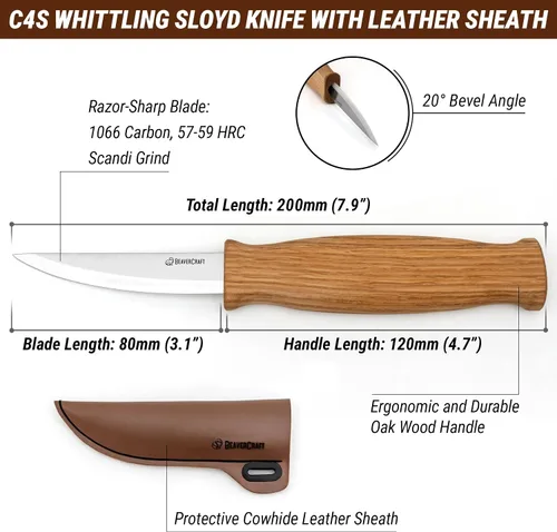 Vista 2 de Cuchillo para tallar madera BeaverCraft C4s 3" - Cuchillo de tallado con funda de cuero para talladores - Herramientas de tallado de madera