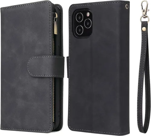 Vista 7 de UEEBAI Funda tipo cartera para iPhone 12/iPhone 12 Pro, funda de cuero PU con cierre magnético Bolso con cremallera Estuche de bolsillo con Negro