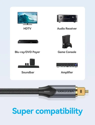 Vista 5 de VENTION TOSLINK - Cable de audio óptico, cable de fibra óptica trenzado de nailon de 3.3 pies, cable óptico de audio digital S/PDIF para barra