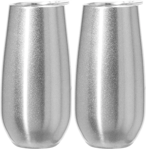 Vista 14 de OGGI Thermo Flute 'Celebrate Collection' - Vaso de copa de champán con aislamiento de acero inoxidable, grano de madera, 6 onzas, con tapa