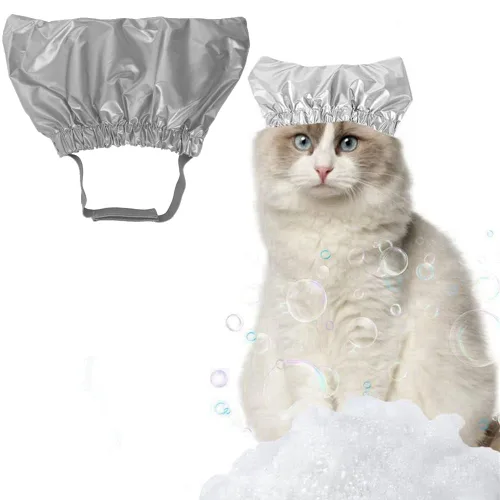 Vista 9 de Gorro de ducha para mascotas, impermeable, reutilizable, con correa ajustable para evitar el agua en las orejas, arnés elástico para gatos, perros