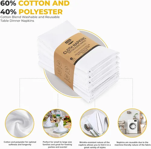 Vista 4 de Utopia Kitchen - Servilletas de tela blancas, paquete de 12 (50 x 50 cm), mezcla de algodón absorbente, lavables y reutilizables para cena, 2-Blanco
