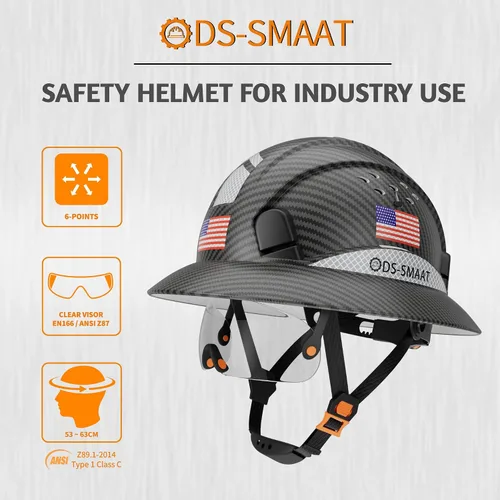Vista 7 de Casco duro de ala completa con visera, casco de seguridad de suspensión de trinquete de 6 puntos, protección superior de impacto para la cabeza