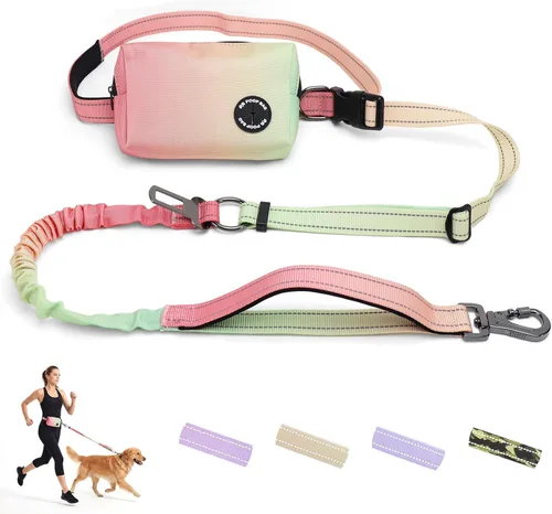 Vista 9 de Correa elástica retráctil de doble asa manos libres con ribete reflectante, cinturón ajustable para pasear al perro, correr, senderismo, correa