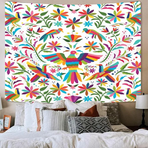 Vista 3 de Bzhilja Tapiz mexicano, tapiz tradicional mexicano con diseño de pájaro azul otomi, diseño brillante, flores de cachemira, tapiz de color étnico