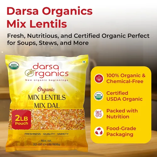 Vista 3 de Darsa Organics Lentejas mixtas (Panchratna Dal) 2 libras USDA Orgánico, sin OMG, Kosher Superalimento rico en proteínas y fibra Ideal