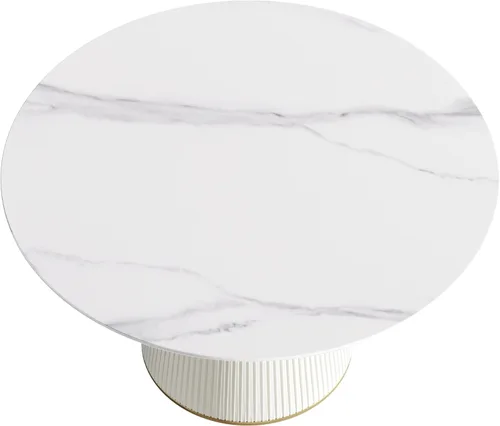 Vista 5 de Mesa de comedor redonda para 6, mesa de piedra sinterizada con marco de madera maciza, mesa de comedor blanca de 53 pulgadas para comedor y cocina