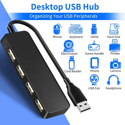 Vista 3 de Hub USB 4 Puertos USB 2.0 Divisor Hub Expansor para Laptop Computadora Flash Drive Consola Impresora Cámara Teclado Ratón Más Extendor de 1 a 4