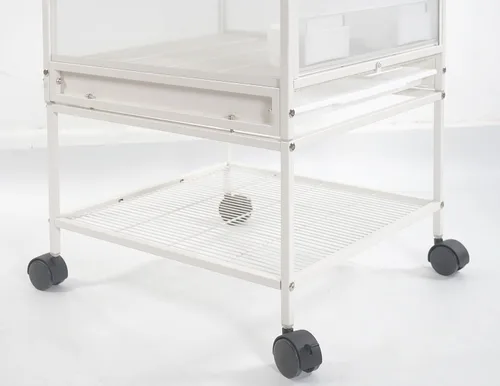 Vista 8 de Jaula apilable para pájaros de cría con deflector a prueba de salpicaduras, soporte rodante con ruedas, para pajareros, canarios, cacatúas