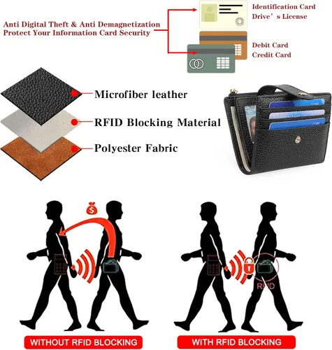 Vista 3 de GOIACII - Cartera pequeña para mujer de cuero genuino con bloqueo RFID, bolsillo con cremallera, plegable, tarjetero con ventana