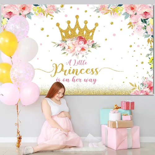 Vista 5 de Tatuo Telón de fondo de baby shower de 6 x 3.6 pies, decoración de fiesta de baby shower de princesa para niñas, pancarta de fiesta de flores rosas