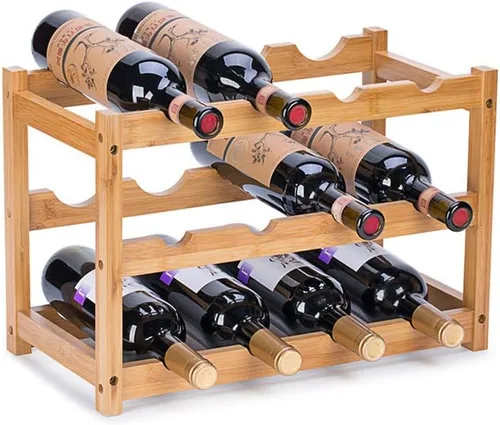 Vista 7 de Estante de vino de bambú - Estante de exhibición de encimera de 2 niveles para 8 botellas