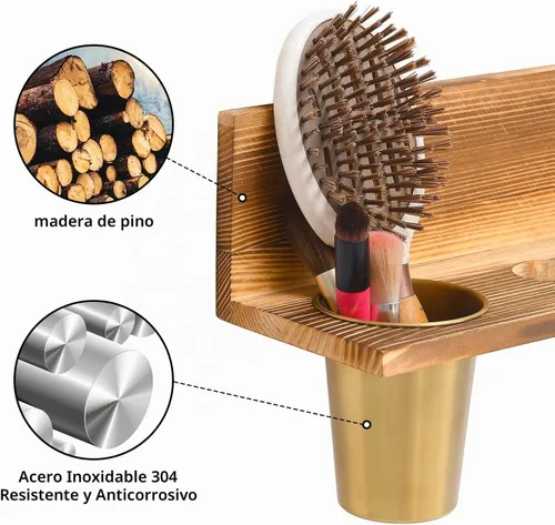 Vista 3 de UPTRUST Organizador de herramientas para el cabello de montaje en pared, juego de 2 capas de madera rústica, bandeja organizadora de productos