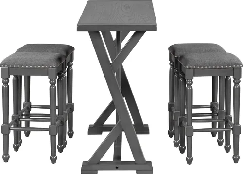 Vista 4 de Mid-Century - Juego de comedor de 5 piezas, altura de mostrador, mesa consola de madera con patas de caballete y 4 taburetes para lugares pequeños