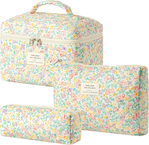 Vista 46 de HBselect Bolsa de Maquillaje Acolchada, 3 Piezas de Gran Bolsa de Maquillaje de Viaje de Algodón, Linda Bolsa de Maquillaje Floral Coquette, Bolsa