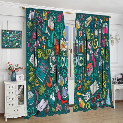 Vista 4 de Cortinas opacas para ventanas de ciencia para niños, lupa de libro de laboratorio de ciencia, lupa, frascos moleculares, cortinas impresas