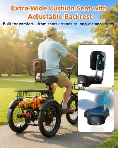 Vista 4 de Qlife Triker Bicicleta eléctrica, 750 W/1200 W, motor sin escobillas, triciclo plegable, batería extraíble 48V10.4AH, bicicleta eléctrica de 3