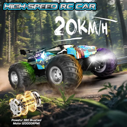 Vista 4 de Rcjoyou Auto a control remoto, Camión RC todoterreno 2WD, 20 KM/H Autos RC todo terreno con faros delanteros y luces de carrocería, 2.4GHz, 2