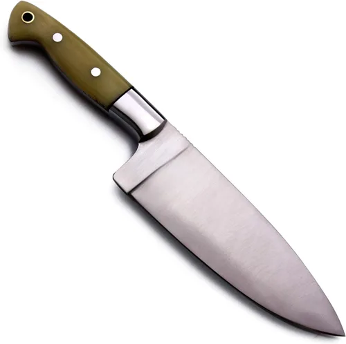 Vista 2 de Cuchillo de chef de acero con mango de hueso hecho a mano GCS D2 con funda de cuero, hoja de espiga completa diseñada para caza y EDC GCS 179