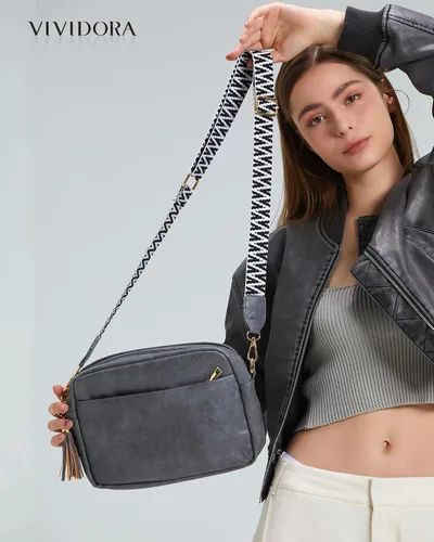 Vista 3 de Vividora Bolsos cruzados pequeños para mujer, a la moda, de cuero vegano, con correa ancha ajustable para guitarra