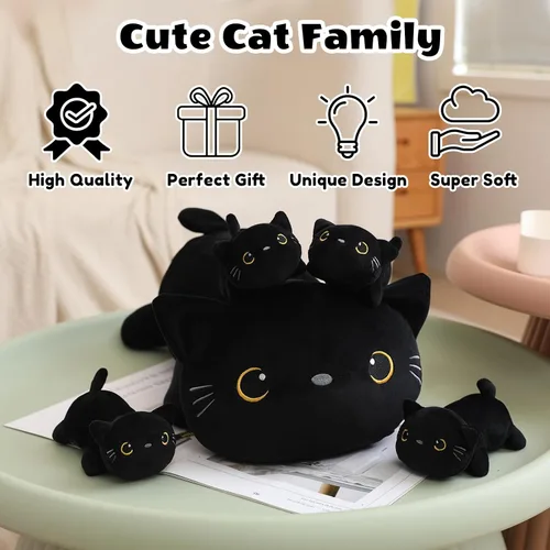 Vista 7 de SQEQE Peluche de gato negro con 4 bebés, gato en la barriga, lindo gato negro de peluche para niños, regalos ideales para Navidad, San Valentín