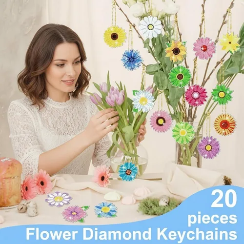 Vista 5 de FairySandy Juego de 20 llaveros de flores con pintura de diamantes de primavera para adultos, diseño de girasol, diamantes de imitación 5D, adorno
