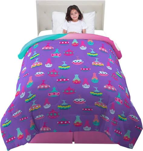 Vista 2 de Franco edredón reversible y muy suave para niños, ropa de cama de tamaño individual/matrimonial, Trolls World Tour