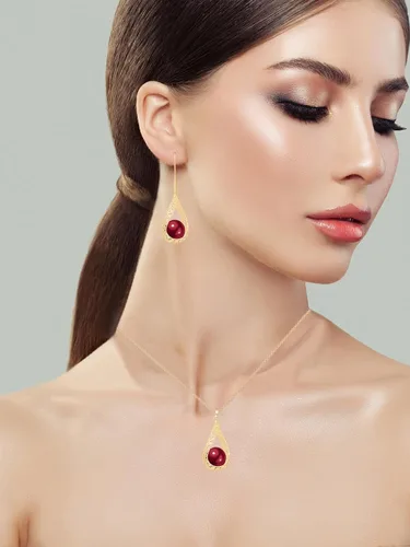 Vista 2 de Juego de collar y aretes de perlas grandes de 0.551 in para mujer, conjunto de joyas chapadas en oro