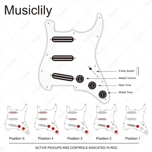 Vista 4 de Musiclily Golpeador ST-SSS básico precableado con mini riel de cerámica Humbucker para guitarra eléctrica Strat Style, 3 capas blanco envejecido